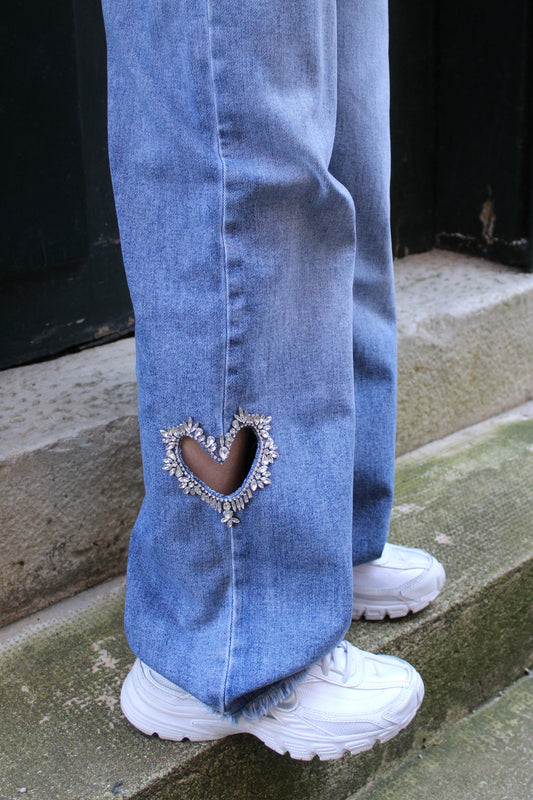 Jean cœur strassé