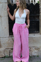 Pantalon gaze de coton rose rayures rouges 