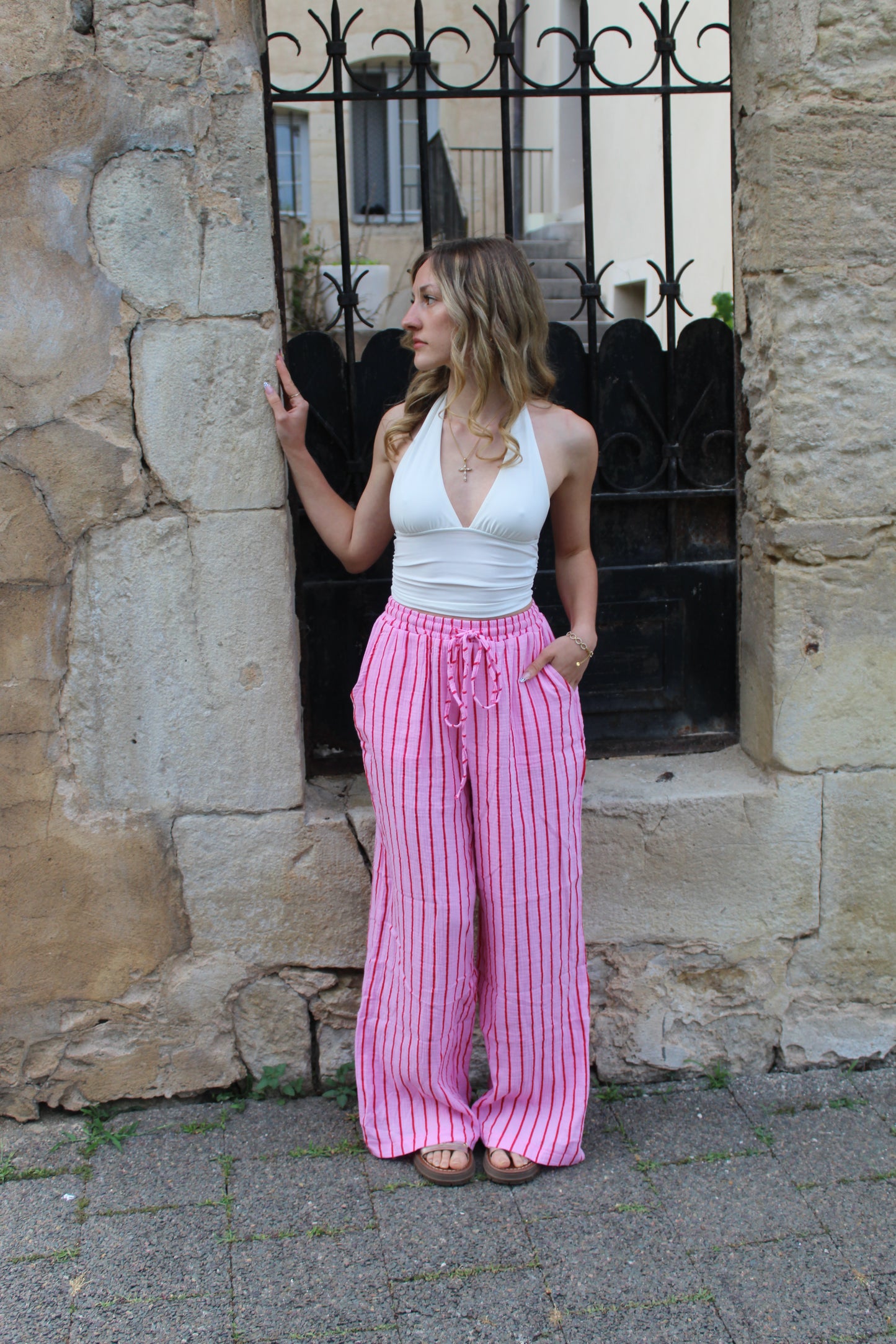 Pantalon rayé gaze de coton