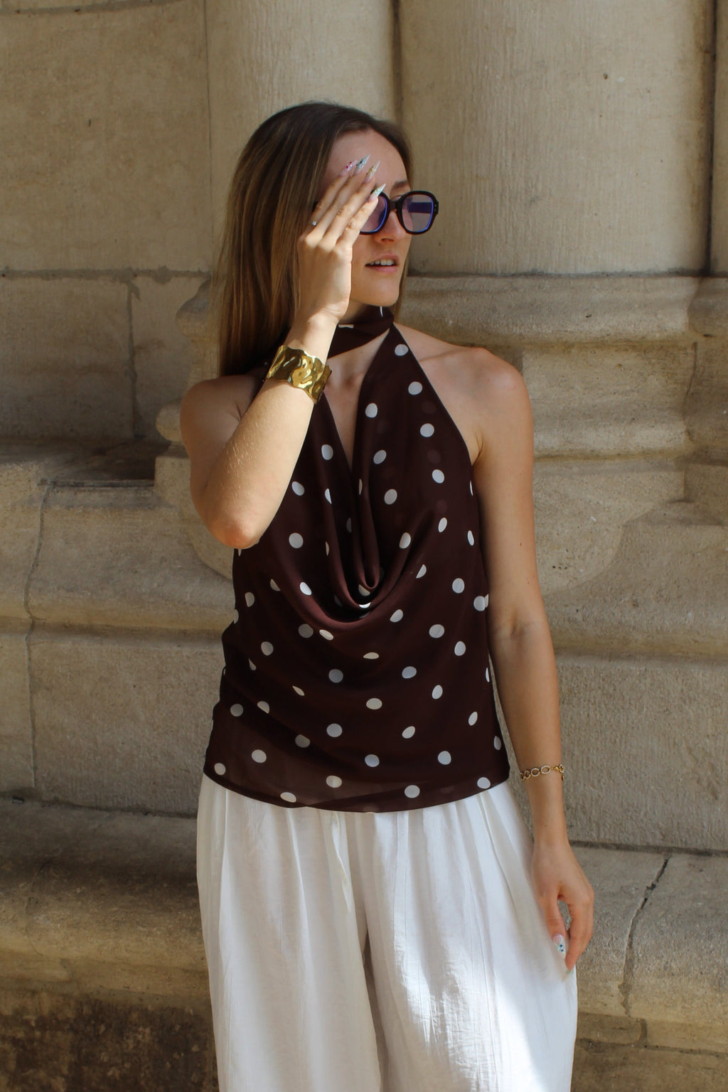 Top à pois dos nu - Marron