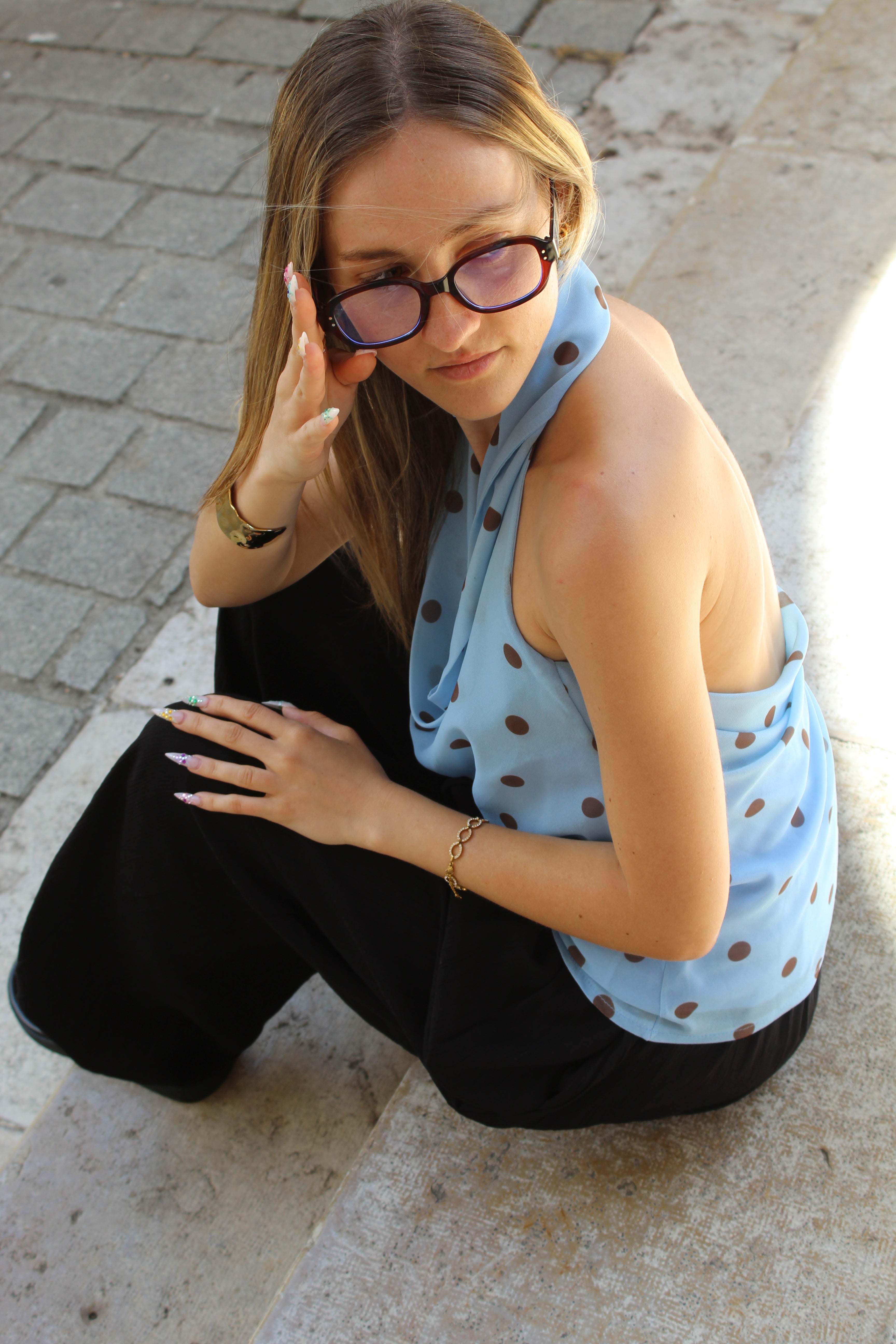 Top à pois dos nu - Bleu