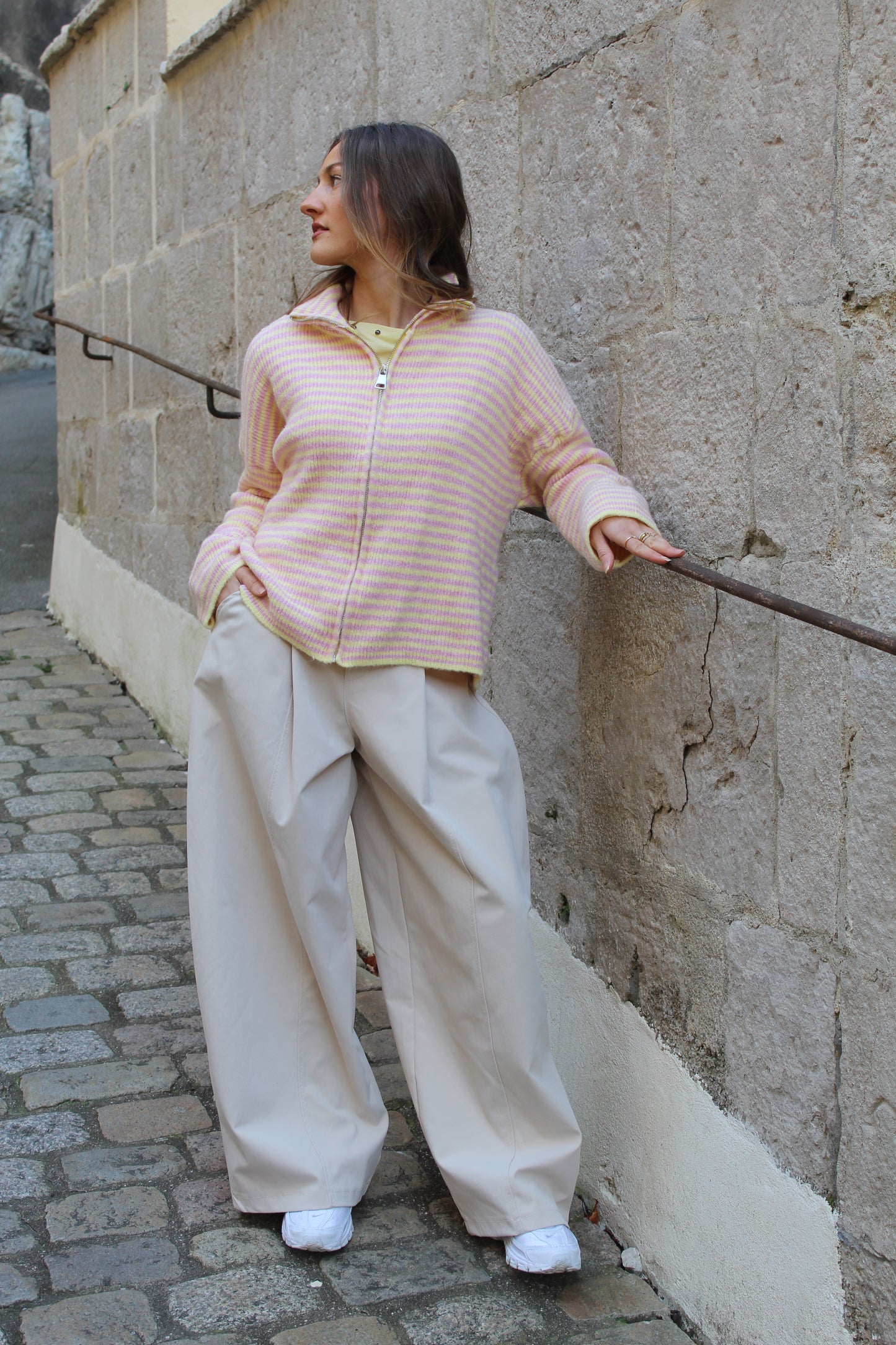 Gilet rayé rose & jaune