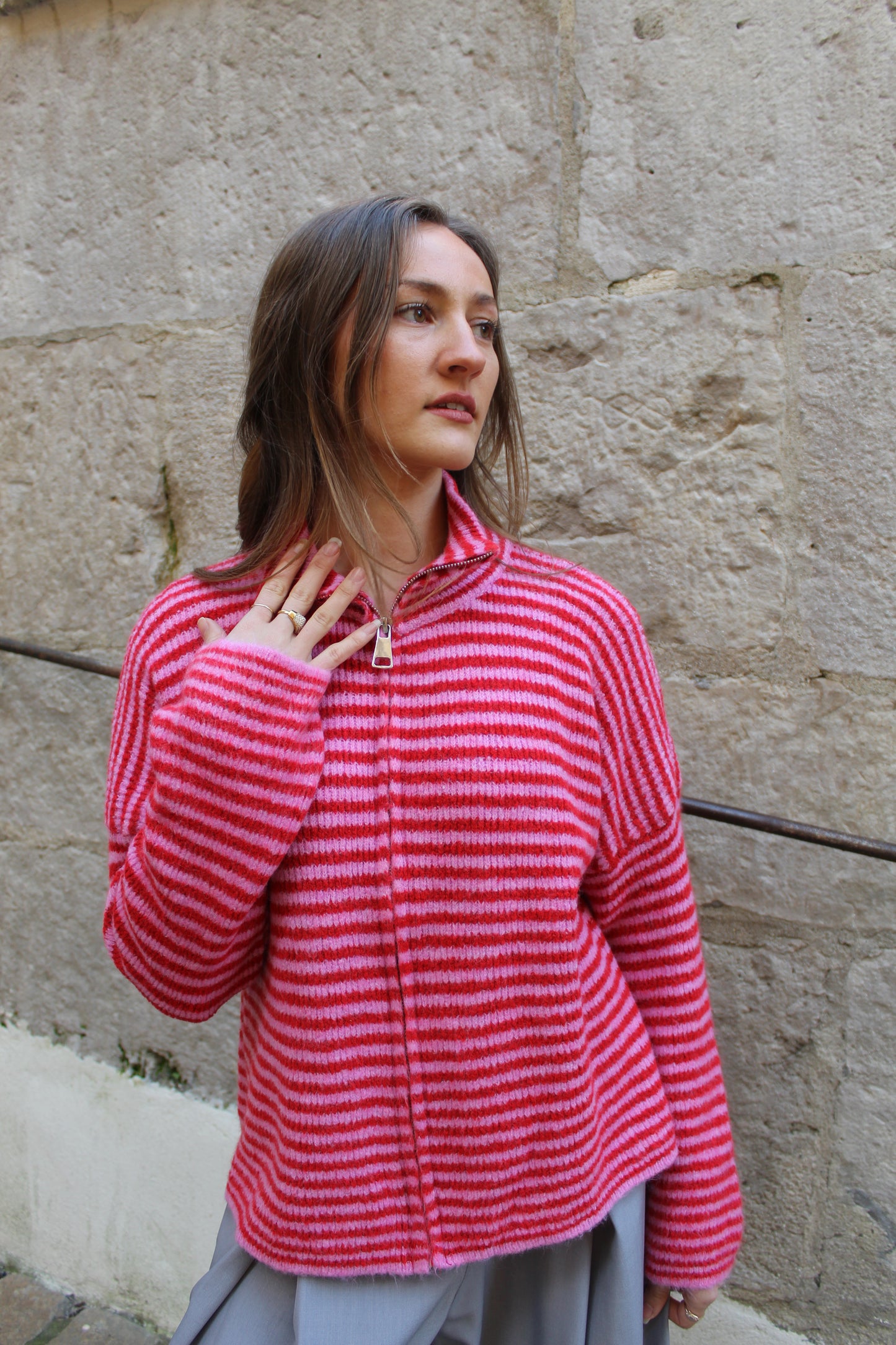 Gilet rayé rose & rouge